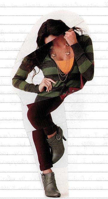 Model posing while scratching her knee with the other knee.